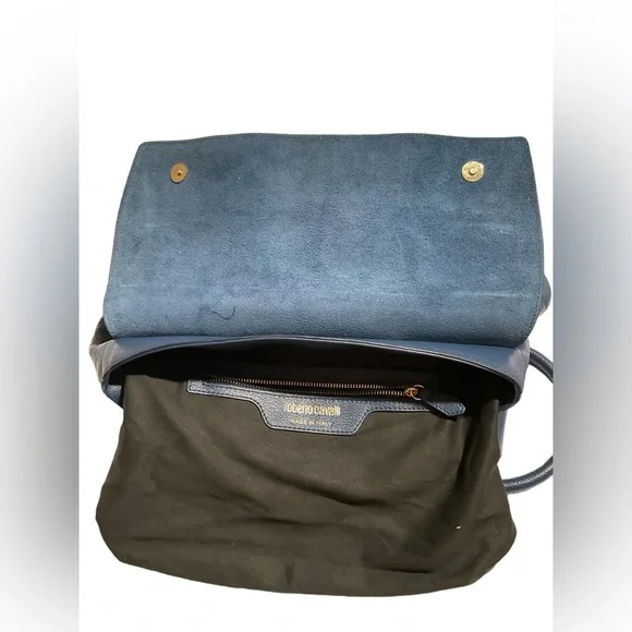 Roberto Cavalli Women’s Double Leather Handle Pebbled Blue Handbag - Picture 7 of 16